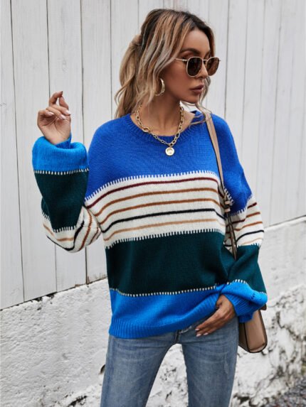 Colorblock Striped Pullover Knit Sweater