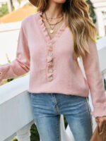 Lace Button Solid Color Sweater