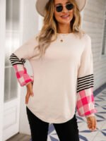 Plaid-paneled puff-sleeve sweater