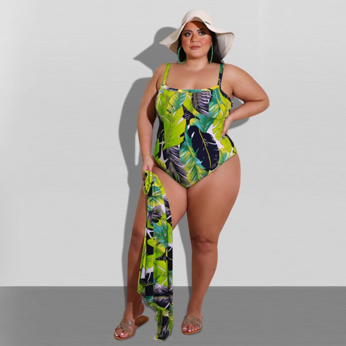 Plus Printed Swimsuit Shawl Two Piece
