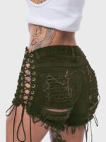 Ripped cutout lace-up denim shorts
