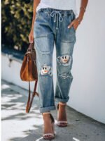 Snowman print denim straight-leg jean