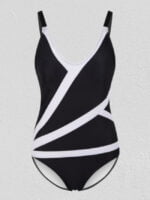 Striped panelled open-back swimsuit