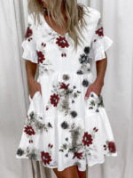 V-Neck Printed Ruffle Sleeve Dress