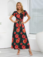 Wholesale V-neck rose print short sleeve dress