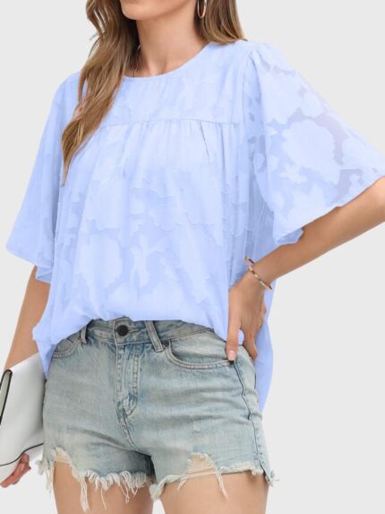 Wholesale Blue Floral Embossed Loose Blouse