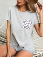 Wholesale Leopard Patch Pocket Short Sleeve T-Shirt