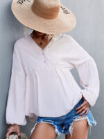 Wholesale V-Neck Solid Button Puff Sleeve Shirt
