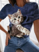 Wholesale Cat Print Round Neck Short Sleeve T-Shirt