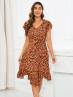 Wholesale V Neck Leopard Print Ruffle Irregular Dress