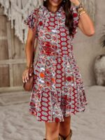 Wholesale Vintage Print Ruffle Sleeve Dress