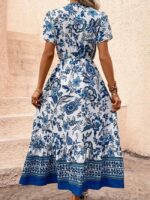 Wholesale Blue Floral Print V-Neck Dress
