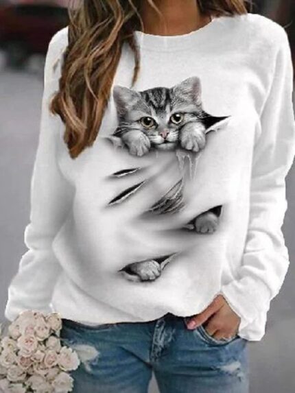 Wholesale Cat Printed Crew Neck Long-sleeve Sweatshirt