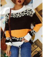 Wholesale Leopard Print Color Block Crew Neck Sweater