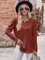 Wholesale Round Neck Puff Sleeves Solid Color Top