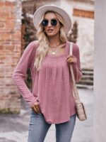 Wholesale Square Neck Pleated Long Sleeve T-Shirt