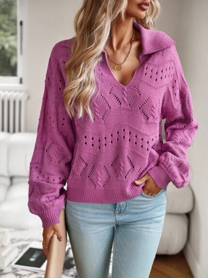 Wholesale Lapel V Neck Cutout Sweater