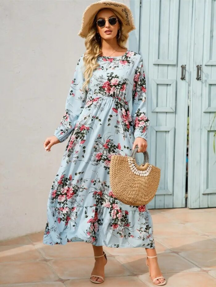 Wholesale flower print round neck maxi dress