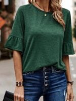 Wholesale single button decor solid ruffle sleeve t-shirt