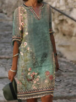 Wholesale Ethnic print casual V-neck dress