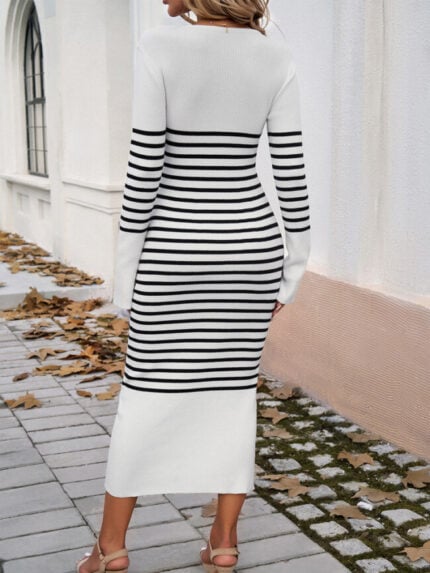 Wholesale Contrast Color Stripe Print V-neck Sweater Dress
