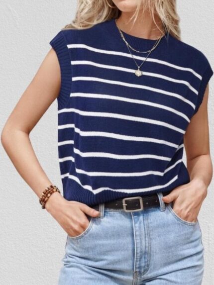 Wholesale Striped Knit Casual Crew Neck Sweater Tank Top