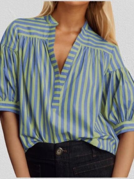 Wholesale Vertical Striped V-neck Casual Shirt